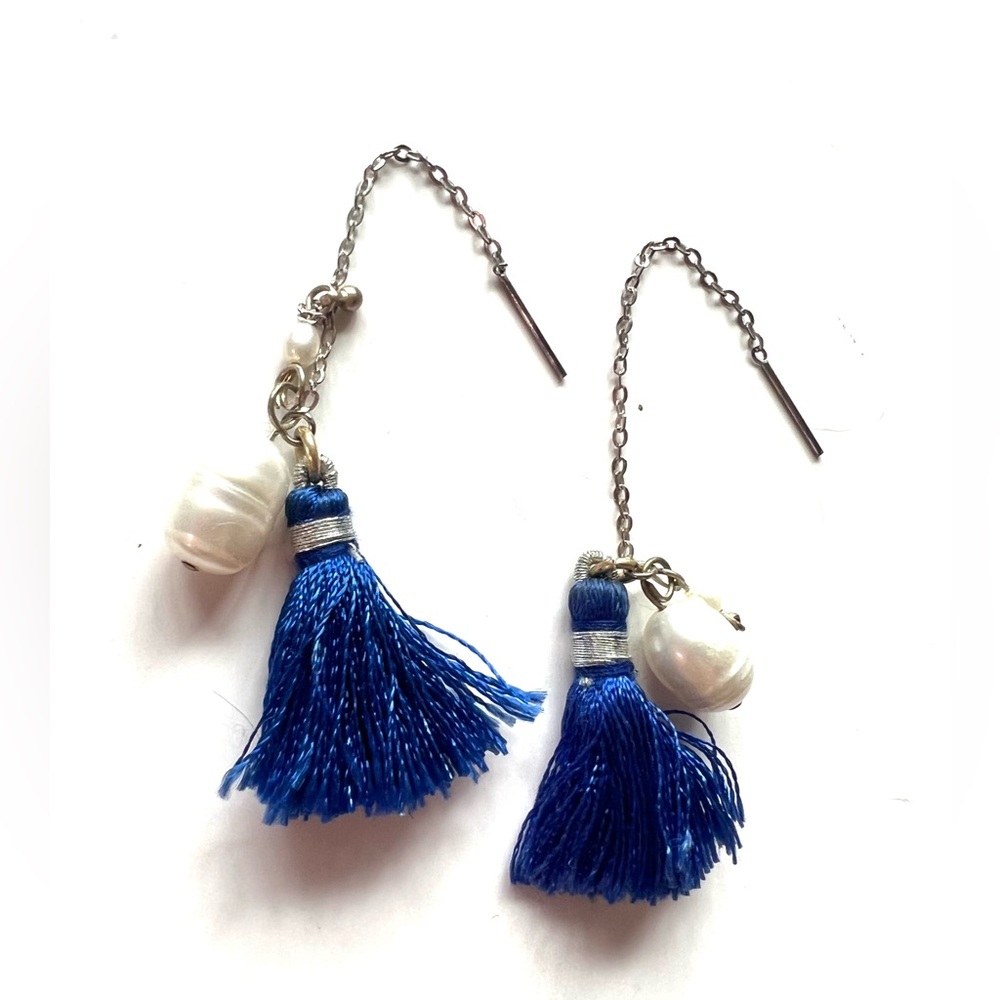 Free People independent designer boho Chic Blue Tassel Earrings with Pearls